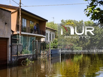 A general view of houses, roads and cars submerged and the flood damage in Emilia Romagna on May 26, 2023 in Conselice, Italy (