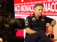 Christian Horner during a press conference ahead of the Formula 1 Grand Prix of Monaco at Circuit de Monaco in Monaco on May 26, 2023. (