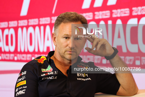 Christian Horner during a press conference ahead of the Formula 1 Grand Prix of Monaco at Circuit de Monaco in Monaco on May 26, 2023. 