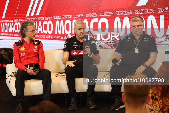 Laurent Mekies, Alessandro Alunni Bravi and Otmar Szafnauer during a press conference ahead of the Formula 1 Grand Prix of Monaco at Circuit...