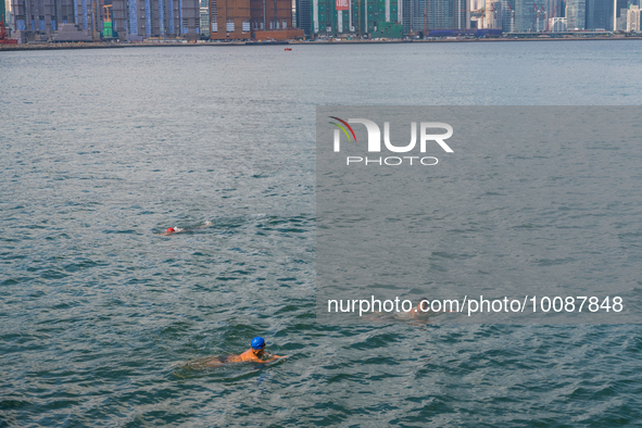 

Three swimmers are exercising in the waters of Victoria Harbour near Whampoa on May 26th, 2023 in Hong Kong, China. 