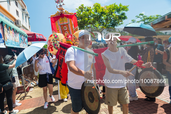 

Performers are playing ritual music during a lion dance parade in the streets of Cheung Chau in Hong Kong, China, on May 26th, 2023. 