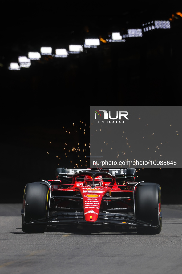  Charles Leclerc of Ferrari drives on the track during Practice 1 ahead of the F1 Grand Prix of Monaco at Circuit de Monaco on May 26, 2023...