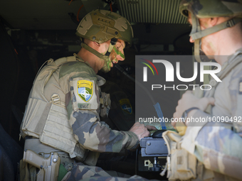 A French soldier is seen in a communications vehicle near Tapa, Estonia on 20 May, 2023. Estonia is hosting the Spring Storm NATO exercises...