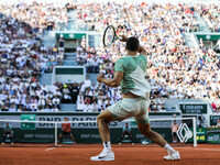 Carlos ALCARAZ (SPA) in action during his match against Flavio COBOLLI (ITA) on Suzanne-LENGLEN court in The French Open Roland Garros 2023...