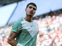 Carlos ALCARAZ (SPA) in action during his match against Flavio COBOLLI (ITA) on Suzanne-LENGLEN court in The French Open Roland Garros 2023...