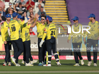 Durham celebrate the wicket of Joe Clarke of Notts Outlaws during the Vitality T20 Blast match between Durham and Notts Outlaws at the Seat...