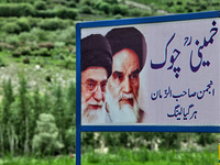 Sign with the image of Ayatollah Khomeini in the Nun Kun Village in Ladakh, India.  (