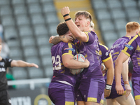 Brad Gallagher of Newcastle Thunder celebrates Nick Staveley's try during the BETFRED Championship match between Newcastle Thunder and Bradf...