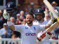 during Test Match Series Day One of 4 match between England's Ben Duckett celebrates his Century England against Ireland at Lord's Cricket G...