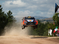 

Thierry Neuville and Martijn Wydaeghe of Team Hyundai Shell Mobis World Rally Team are driving a Hyundai I20 in Olbia, Sardinia, Italy on...