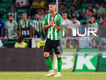 Guido Rodriguez of Real Betis shows appreciation to the fans during the LaLiga Santander match between Real Betis and Valencia CF at Benito...