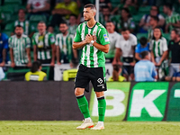 Guido Rodriguez of Real Betis shows appreciation to the fans during the LaLiga Santander match between Real Betis and Valencia CF at Benito...