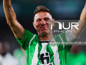 Joaquin Sanchez of Real Betis shows his thanks to the fans at the end of the last match of his career during the LaLiga Santander match betw...