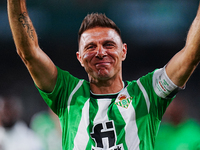 Joaquin Sanchez of Real Betis shows his thanks to the fans at the end of the last match of his career during the LaLiga Santander match betw...