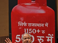 Rajasthan Chief Minister Ashok Gehlot addresses the launch of the 'Indira Gandhi Gas Subsidy Yojana' in Jaipur, Rajasthan, India, Monday, Ju...