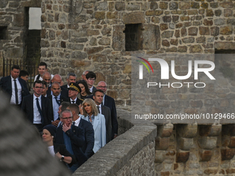 MONT-SAINT-MICHEL, FRANCE - JUNE 05, 2023:   
French President Emmanuel Macron and First Lady Brigitte Macron during their visit to Mont Sai...