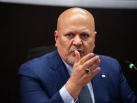 International Criminal Court Prosecutor Karim Khan speaks at Colombia's Special Jurisdiction for Peace (JEP) during the visit of the Prosecu...