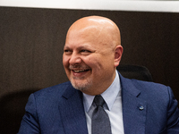 International Criminal Court Prosecutor Karim Khan speaks at Colombia's Special Jurisdiction for Peace (JEP) during the visit of the Prosecu...
