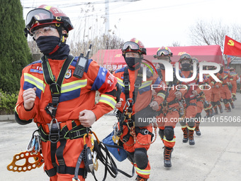 HUAI'AN, CHINA - MARCH 24, 2023 - Firefighters work during an earthquake disaster rescue drill in Huai 'an, East China's Jiangsu province, M...