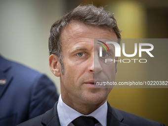 Emmanuel Macron President of the Republic of France at the Tour de Table - Round Table at the headquarters of the European Council meeting i...