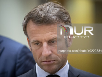 Emmanuel Macron President of the Republic of France at the Tour de Table - Round Table with a serious sad face expression, at the headquarte...
