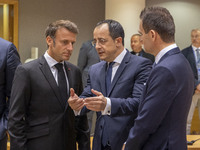 Emmanuel Macron President of the Republic of France (L) as seen talking with Nikos Christodoulides President of the Republic of Cyprus (C) a...