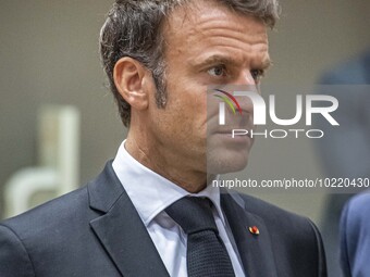 Emmanuel Macron President of the Republic of France at the Tour de Table - Round Table at the headquarters of the European Council meeting i...