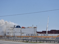 Two firefighters killed and five firefighters injured after a ship fire at the Port of Newark in Newark, New Jersey, United States on July 6...