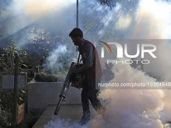 A city corporation worker fumigates as the mosquito-borne dengue infection situation worsens in Dhaka, Bangladesh on July 26, 2023. At least...