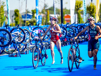 

Zuzanna Sudak of Poland and Ines Rico are seen running during the Europe Triathlon Sprint and Relay Championships in Balikesir, Turkey, on...