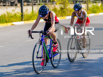 

Cemre Civelek of Turkey and Nikol Kolisheva of Bulgaria are competing in the B Finals of the Junior Women Europe Triathlon Sprint and Rela...