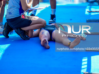 

Adi Caspi of Israel is seen unconscious on the blue carpet during the B Finals of the Junior Women Europe Triathlon Sprint and Relay Champ...