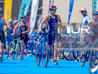 

Iva Pavlovic of Serbia is competing in the A Finals of the Junior Women Europe Triathlon Sprint and Relay Championships in Balikesir, Tu...