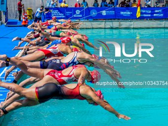 Athletes seen jumping for race at swim course at B Finals of Elite Women Europe Triathlon Sprint and Relay Championships Balikesir, 5 August...
