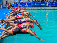 Athletes seen jumping for race at swim course at B Finals of Elite Women Europe Triathlon Sprint and Relay Championships Balikesir, 5 August...