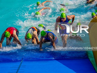 

Athletes are seen competing at the Finals of the Elite Men Europe Triathlon Sprint and Relay Championships in Balikesir, Turkey, on August...