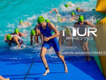 

Alessio Crociani of Italy is seen competing in the A Finals of the Elite Men Europe Triathlon Sprint and Relay Championships in Balikesir,...
