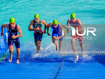 

Athletes are seen competing at the Finals of the Elite Men's Europe Triathlon Sprint and Relay Championships in Balikesir, Turkey, on Augu...