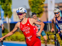 

Michael Ziegler of Switzerland is seen competing at the Finals of the Elite Men Europe Triathlon Sprint and Relay Championships in Balikes...
