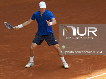 Tomas Berdych in action against Grigor Dimitrov during day six of the Mutua Madrid Open tennis tournament at the Caja Magica on May 8, 2014...