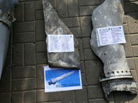 Remains of downed Russian rocket 9-C-7760 'Kinzhal' displayed by the Ukrainian army are seen on central capital's Khreshchatyk street ahead...