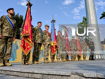 LVIV, UKRAINE - AUGUST 23, 2023 - Servicemen stand guard during the presentation of battle flags of military brigades of the region outside...