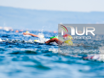 Swimmers seen competing during the 36th Hellspoint Swimtrek Europe to Asia Swim Race 30 August 2023 Canakkale/Turkey (