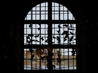 LVIV, UKRAINE - AUGUST 29, 2023 - Paper doves of peace decorate a window at the Saints Peter and Paul Garrison Church during a memorial even...
