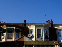 Police helicopter hovers over the row homes on Willard Street as family, community members and allies march in protest to demand Police acco...