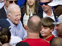 U.S. President Joseph Biden mingles with Union members after speaking on stage at the kick-off of the AFL-CIO’s annual Tri-State Labor Day P...
