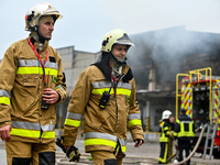 LVIV, UKRAINE - SEPTEMBER 19, 2023 - State Emergency Service experts respond to the Russian drone strike at industrial warehouses in Lviv, w...