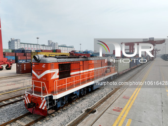 LIANYUNGANG, CHINA - OCTOBER 9, 2023 - A China-Europe freight train loaded with containers prepares to depart at the China-Kazakhstan (Liany...