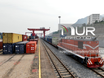 LIANYUNGANG, CHINA - OCTOBER 9, 2023 - A China-Europe freight train loaded with containers prepares to depart at the China-Kazakhstan (Liany...